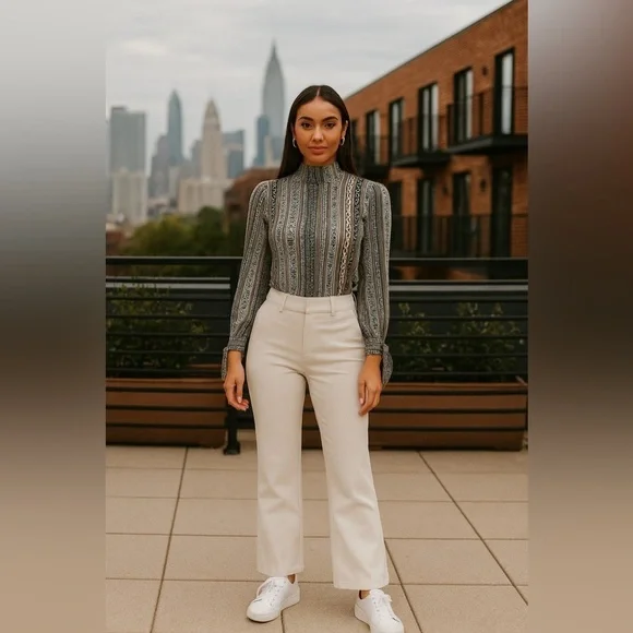 Free People Mock Neck Printed Top | Navy & Beige | Stretchy - Picture 12 of 12